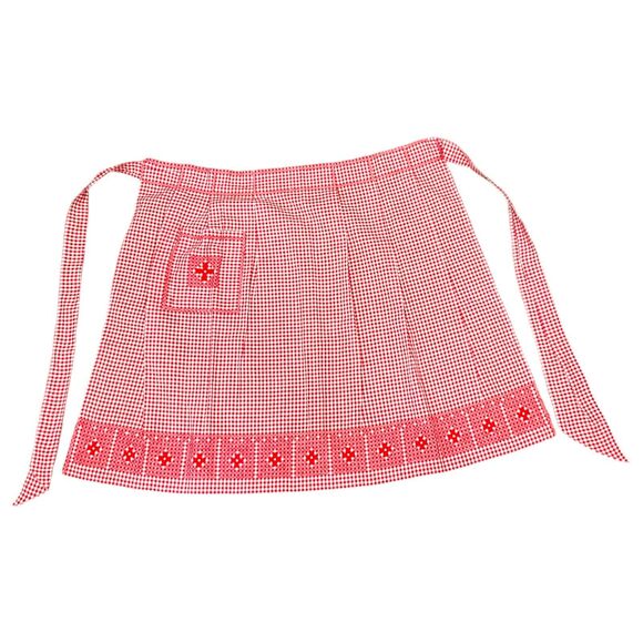 Gingham Print Vintage Apron Handmade Cross Stitched Embroidered Red Check - Picture 4 of 9
